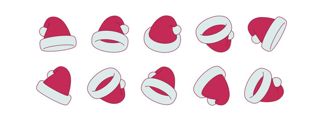 Isometric 3D style Santa hat icons set in multiple rotation views. Flat vector illustration for Christmas, New Year, holiday decoration and festive winter design