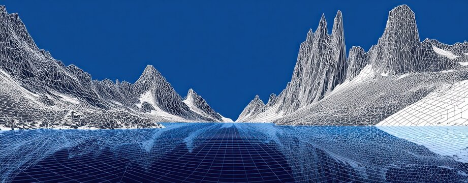 Wireframe mountains reflected on gridded water, under a plain blue sky, suggesting a digital rendering of a stark, geometric landscape