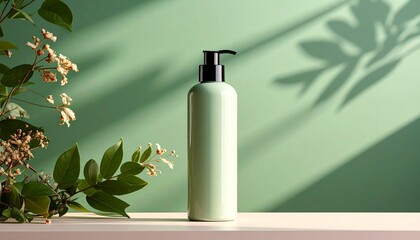 Bottle of liquid soap with pump dispenser on green background