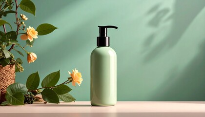 Bottle of liquid soap with pump dispenser on green background