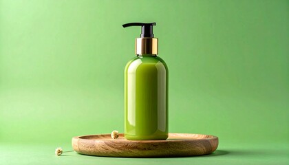 Bottle of liquid soap with pump dispenser on green background
