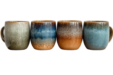 Four stoneware mugs in a gradient of muted earth tones and blues