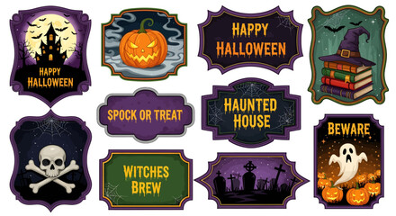 A collection of vintage-style Halloween labels and stickers featuring spooky illustrations like a haunted house, jack-o'-lantern, ghost, and skull.