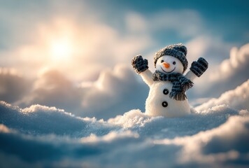 Cheerful snowman with tiny hat and scarf stands in deep snow against a bright, sunny, cloudy sky with arms raised in a joyful celebration