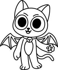 Greeting Bat Cat Standing Still (Coloring Page Outline Illustration)