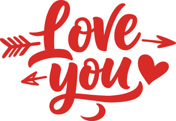 Hand lettering of the words love you with a heart on transparent background