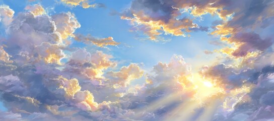 Artistic depiction of sunlight breaking through clouds in a serene blue sky, creating a peaceful atmosphere