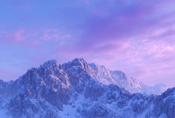 Obraz premium Snow-covered mountain peaks glisten under a soft pink and violet sky at dusk, creating a serene and majestic landscape
