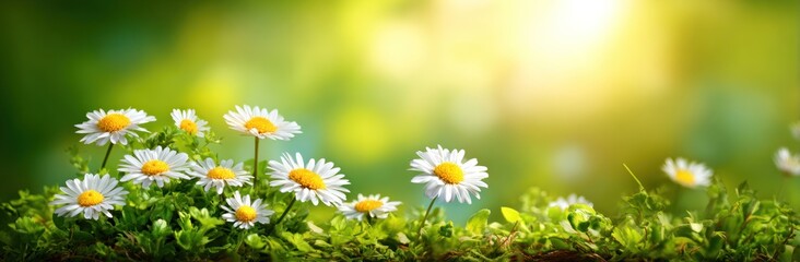 Daisies bloom in bright sunlight with green grass under bokeh. White petals and yellow centers pop against blurred verdant background