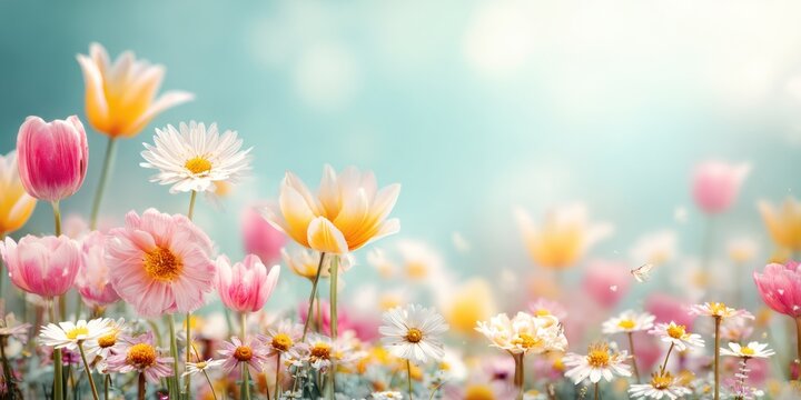 Field of assorted blooming flowers against a pastel sky, creating a soft, dreamy, ethereal aesthetic with natural light and bokeh