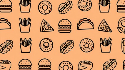 Seamless Pattern of Fast Food Icons on Peach Background Delicious Burger Pizza Taco Hotdog Fries Donut Design
