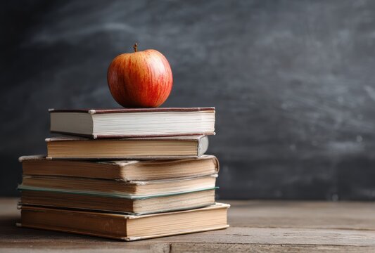 Stacked books on a wood surface with an apple on top, against a dark grey background creates a sense of school, learning, and knowledge
