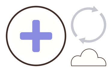 Obraz premium Circular plus sign indicating addition, an arrow cycle representing continuous updates, and a cloud outline for online storage. Ideal for technology, backup, cloud computing, storage, networking