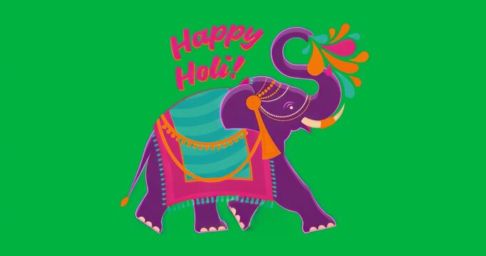 after greeting stylized purple elephant spraying color drops for Holi on transparent background