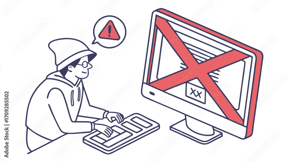 Wall mural cartoon man with glasses typing on keyboard with error message on screen