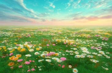 Vast meadow filled with colorful flowers under a vibrant, pastel-colored sky at sunrise, promising beauty and serenity in nature's embrace