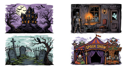 Four detailed Halloween-themed illustrations featuring a haunted mansion, spooky graveyard, eerie circus, and ghostly interior scene.