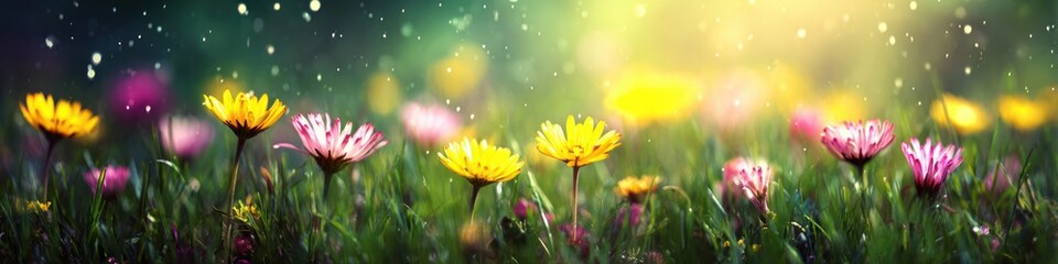 A lush meadow scene with yellow and pink daisies under a bokeh-filled, sunny sky creates a dreamy, whimsical nature scene