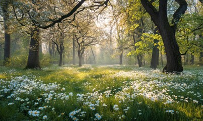 Sunlit meadow filled with white daisies under trees, a serene and inviting natural scene evoking peace and the beauty of spring
