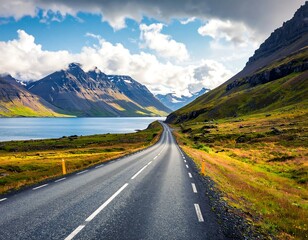 Dramatic Iceland landscape featuring winding road against fjord and mountains