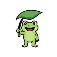 Funny Frog Logo With Wide Grin, Holding a Leaf Umbrella, Flat Vector