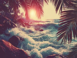 Ocean waves crash against a rocky shore framed by palm trees, sunset glow adding a warm, tropical feel to the scene