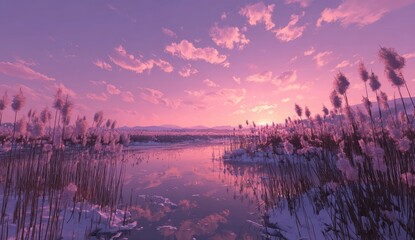 Pastel winter sunrise over a frozen lake