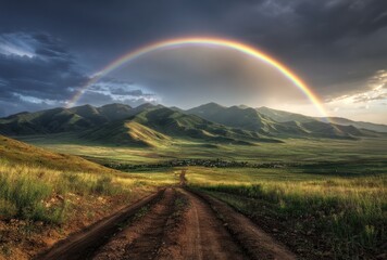 A dirt path stretches toward distant, hazy mountains under a vibrant rainbow against a dramatic, cloudy sky