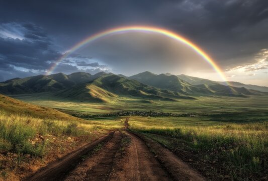 A dirt path stretches toward distant, hazy mountains under a vibrant rainbow against a dramatic, cloudy sky