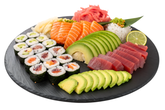 Sushi arrangement on black plate Png Image 