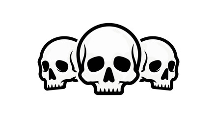 Obraz premium Three stylized white human skulls with black outlines and dark eye and nose sockets, arranged in a row on a white background.