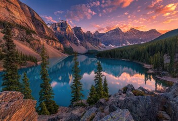 Scenic mountain lake reflecting snow-capped peaks at sunrise. Towering conifers line the shore, and rocky foreground adds depth