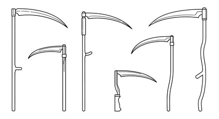 Line art illustration set depicting various types of scythes, traditional agricultural hand tools for harvesting crops and mowing grass.