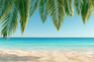 Serene beach scene palm fronds hanging over turquoise water, waves lapping against golden sand, under a sunny blue sky