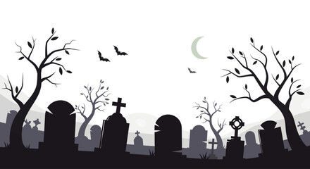 Spooky graveyard silhouette at night with gravestones, bare trees, flying bats, and a crescent moon.