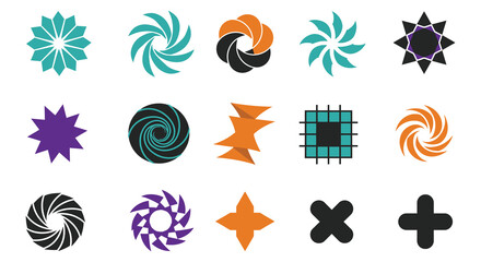 Collection of abstract colorful spiral and starburst shaped vector design elements