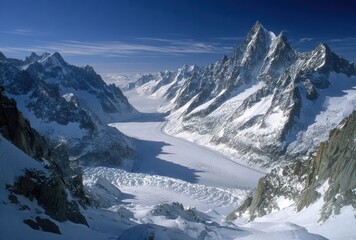 Majestic mountain range covered in snow, under a clear blue sky, with a glacial valley winding through the peaks, casting long shadows