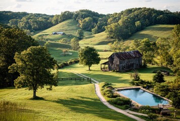 Rural scene depicts a weathered barn, pool, and path amidst rolling hills, bathed in soft sunlight, surrounded by lush greenery and distant structures