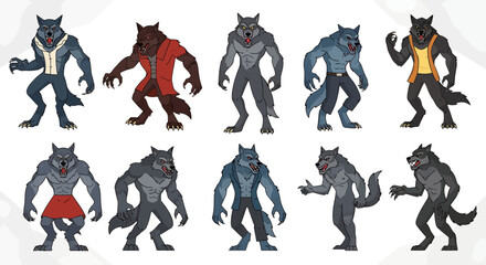 A collection of ten diverse cartoon werewolf characters in various poses and outfits, featuring different colors and styles.