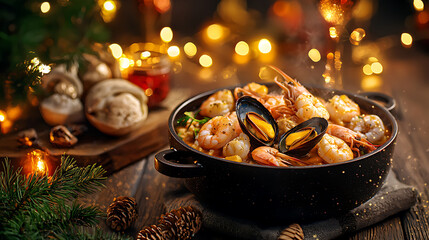 Vibrant bowl of bouillabaisse filled with shrimp, mussels, and fresh herbs, set against festive background with warm lights and holiday decor