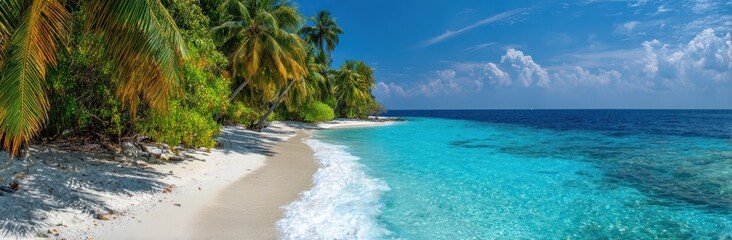 Tropical paradise view sandy beach, lush palm trees, crystal-clear turquoise water, and blue sky with light clouds in scenic ocean landscape