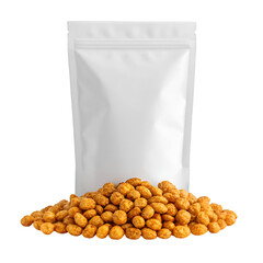 White Pouch Bag With Pile Of Spicy Coated Peanuts On Transparent Background snack food