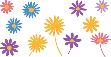 Colorful daisy flower illustrations in various shades on transparent background