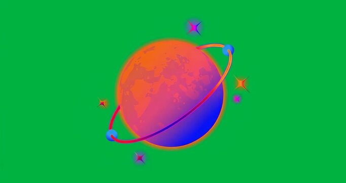 Gradient sphere starting ring rotating shapes orbiting on transparent layer making planet animation