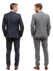 Two men in suits standing back to back looking at each other against a black background in a studio shot
