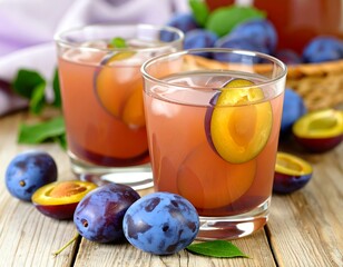 Refreshing plum drink on a wooden table