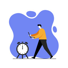 A flat design illustration depicts a person walking with a laptop near a clock, symbolizing time management and productivity in a modern business or marketing context.