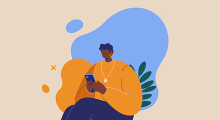 Illustrated person engaged with a smartphone, symbolizing digital connection, communication, and modern online lifestyle. Perfect for technology and business concepts.