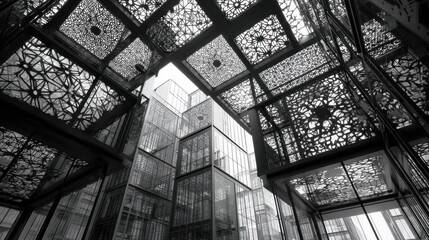 An upward view of a modern geometric building, showcasing intricate latticework patterns and stacked glass structures in monochrome contrast