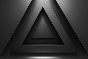 Dark geometric design with nested, overlapping triangles, creating depth & a shadowed tunnel effect. Lighting enhances the metallic textures